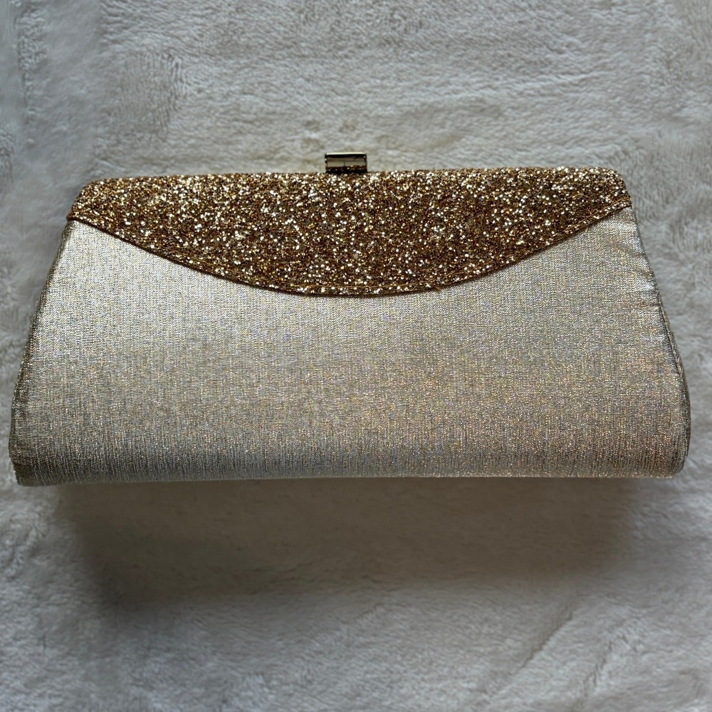Gold Glitter Shimmer Vintage Clutch Purse Womens OS Excellent